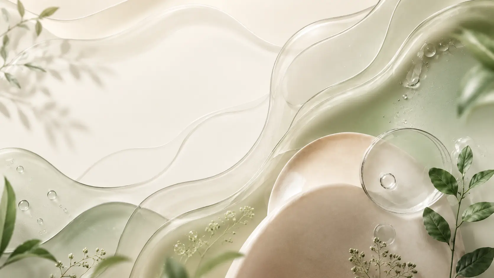 Abstract cosmetic dermatology hero graphic with soft skin-inspired forms, botanical accents, and a clean medical aesthetic.
