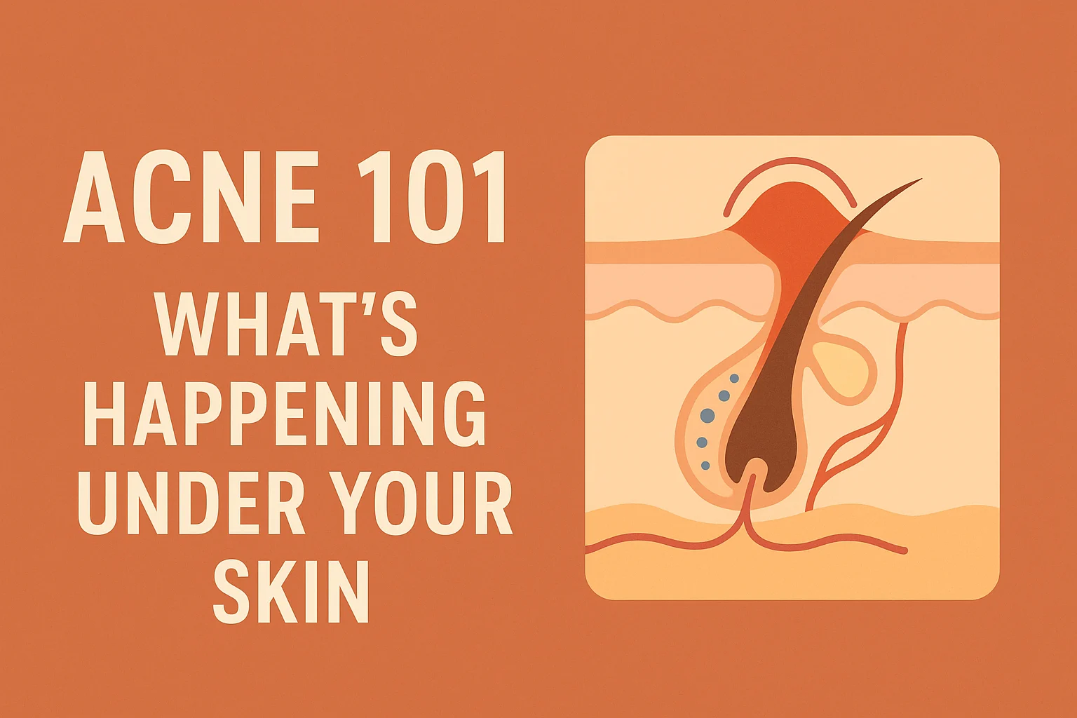 Diagram of acne: bold “ACNE 101” text next to a skin cross-section with an inflamed pore.
