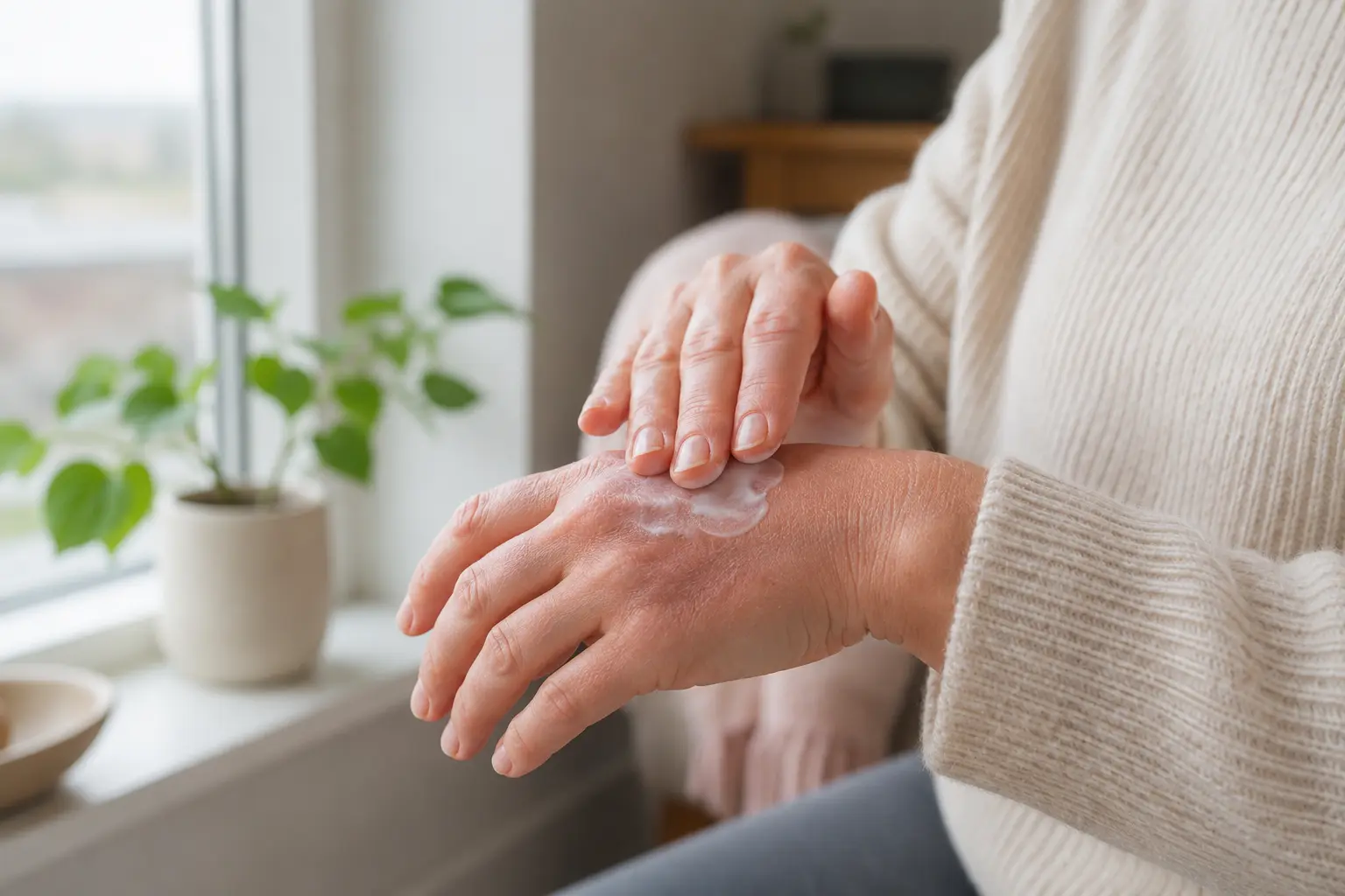 Adult applying moisturizer to dry hands near a bright window as part of an eczema skin care routine