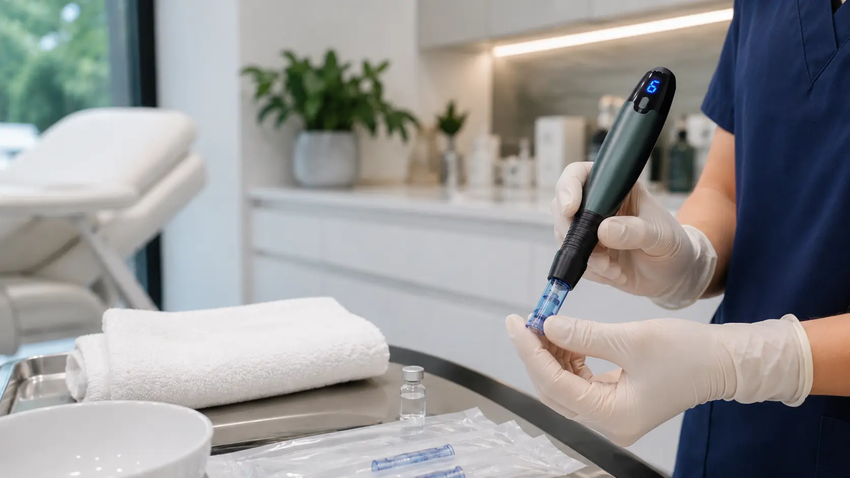 Gloved dermatology provider preparing a microneedling device with a sterile cartridge in a bright modern treatment room