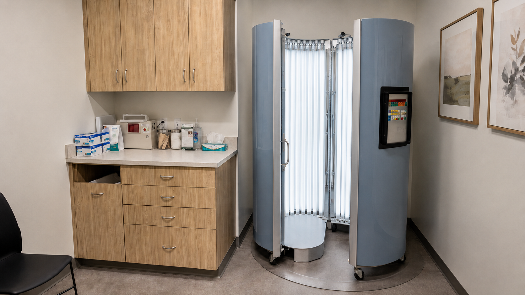 Narrowband UVB phototherapy treatment booth at Scenic Dermatology in Chaska, MN.