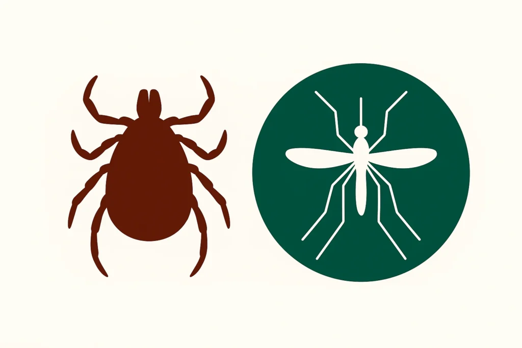 Silhouettes of a brown tick on the left and a white mosquito centered on a dark green circle on the right, against a light background.