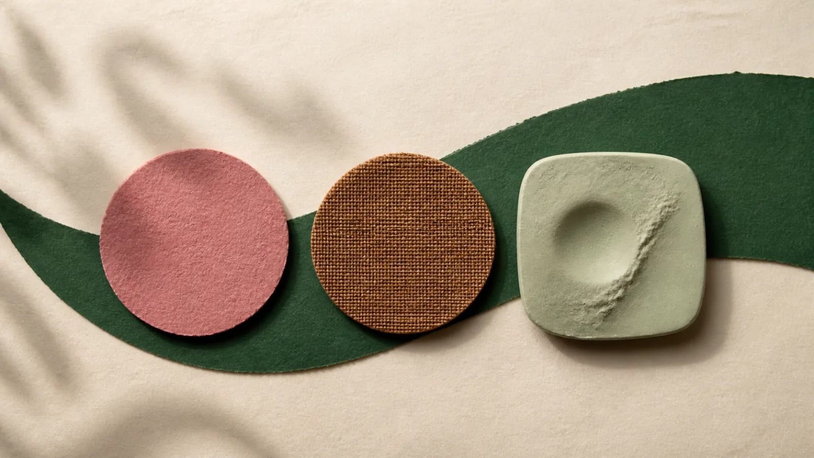 Rose paper, brown textile, and pale green clay samples showing color and surface texture differences.