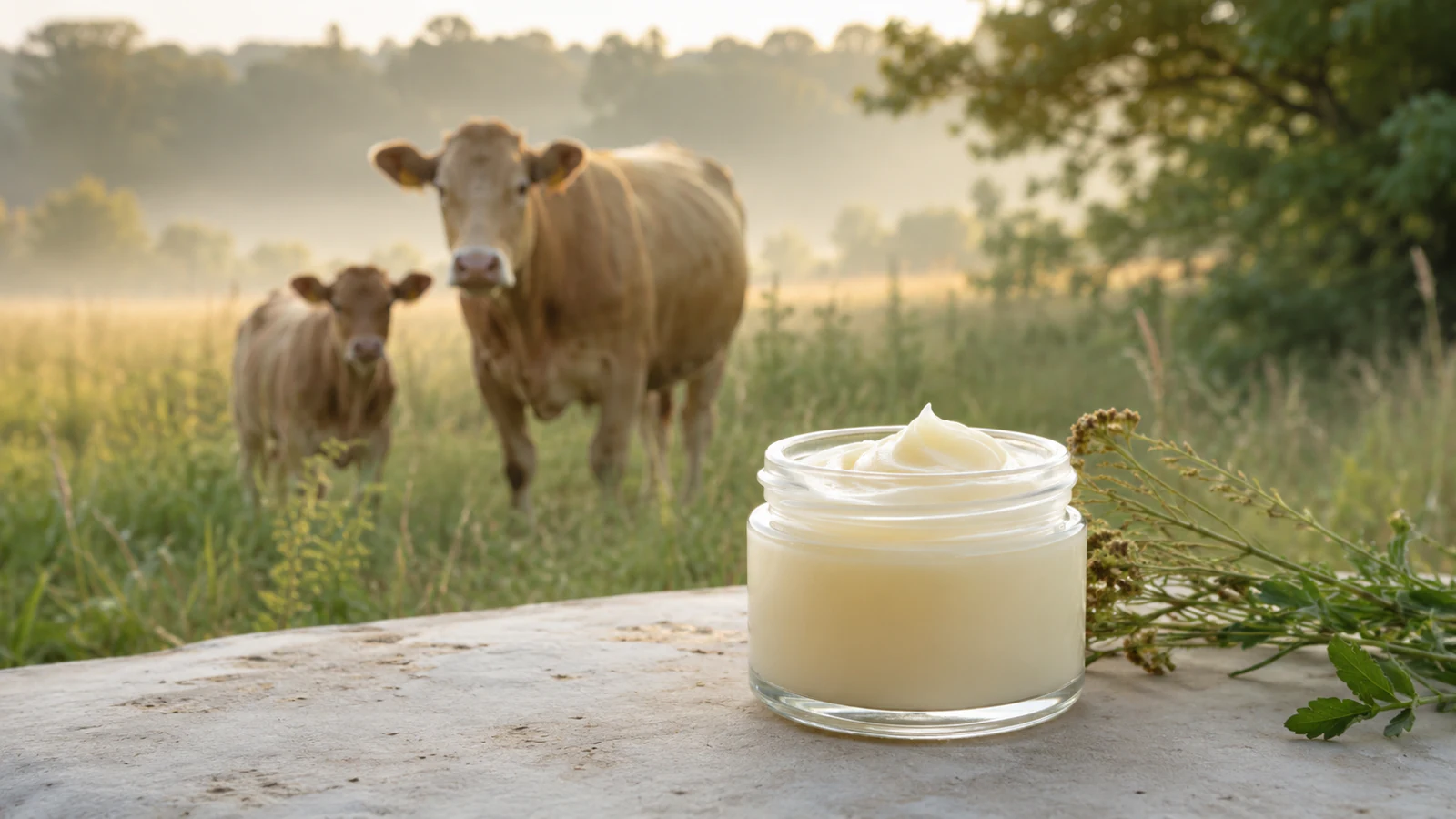 Jar of beef tallow balm in a pasture with a cow and calf in the background.