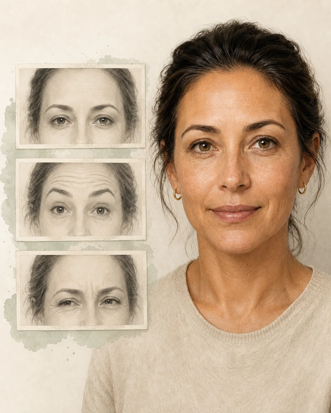 Woman at rest beside three monochrome studies of neutral, raised-brow, and frowning facial expressions