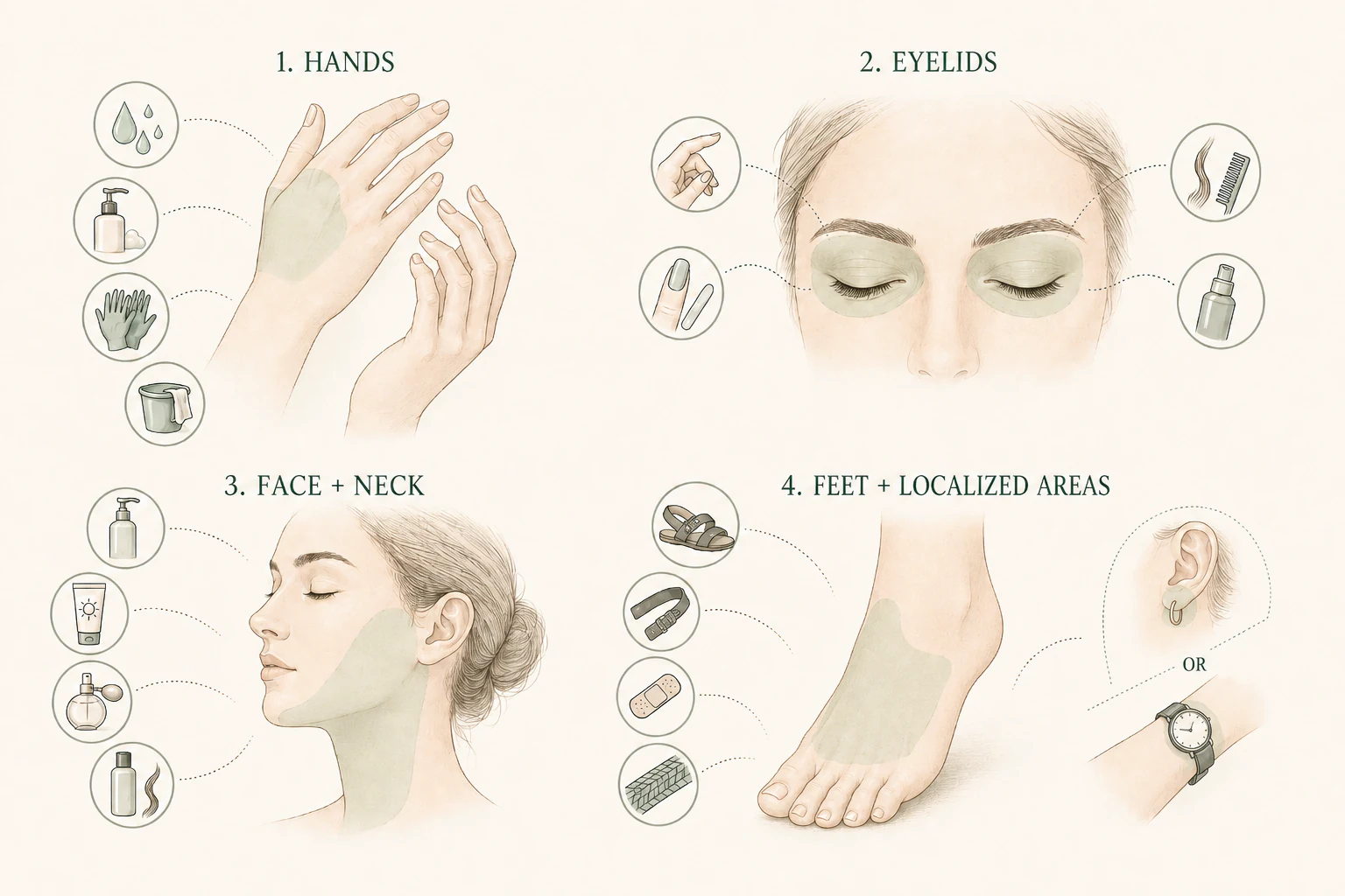 Illustrated map of dermatitis on the hands, eyelids, face and neck, feet, and localized contact areas, connected to possible everyday exposures.