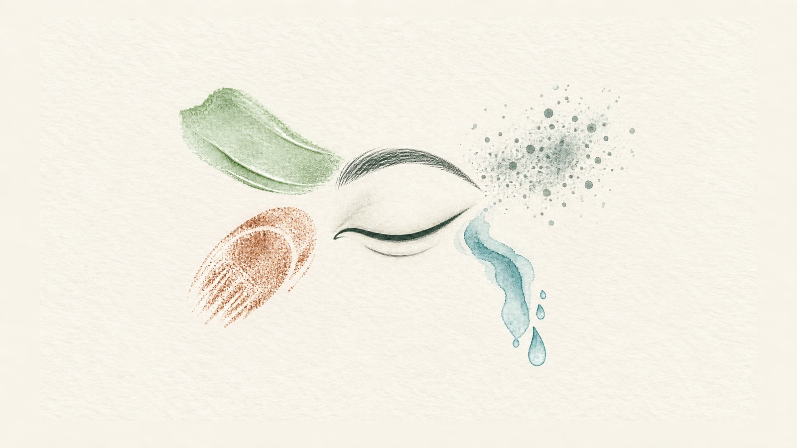 A closed-eye illustration is approached by four distinct green, copper, blue, and stippled traces.