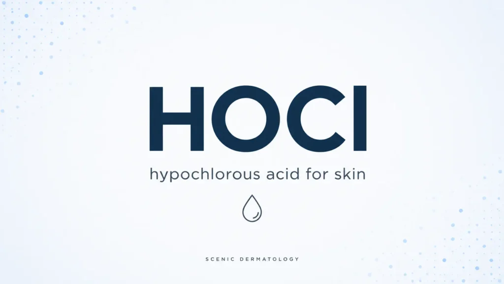 Minimal graphic with the text "HOCl" and "Hypochlorous acid for skin" on a soft blue background with subtle droplet and mist-inspired design elements.