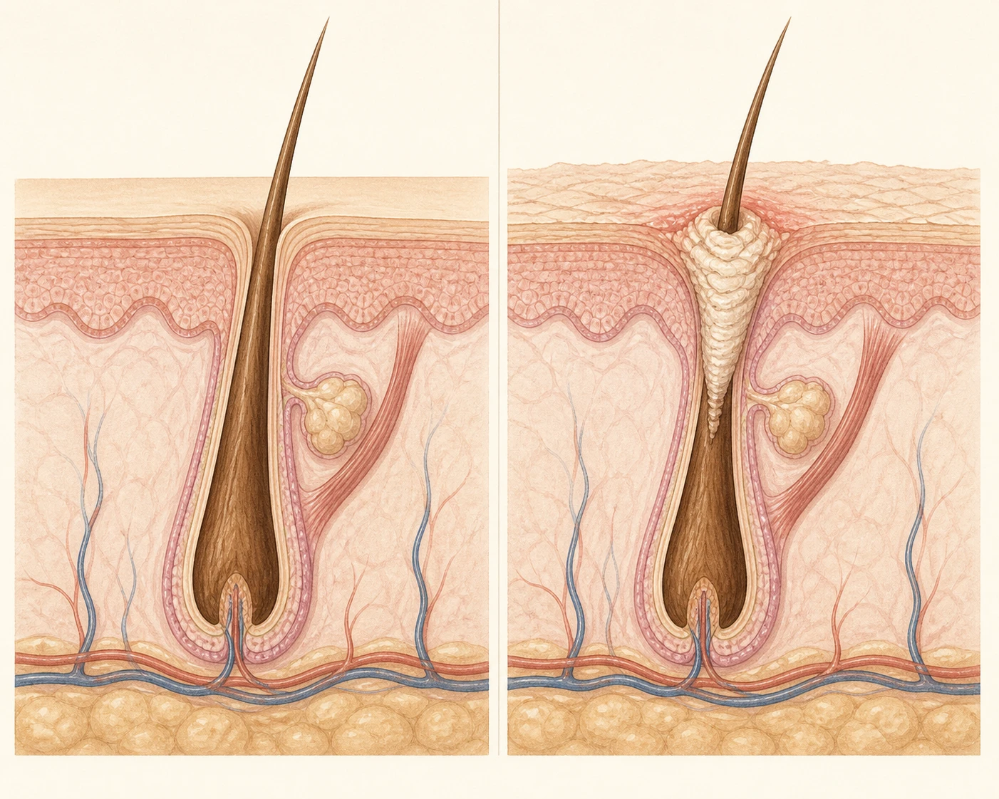Medical illustration comparing a normal hair follicle with a keratosis pilaris follicle containing compact keratin at the opening