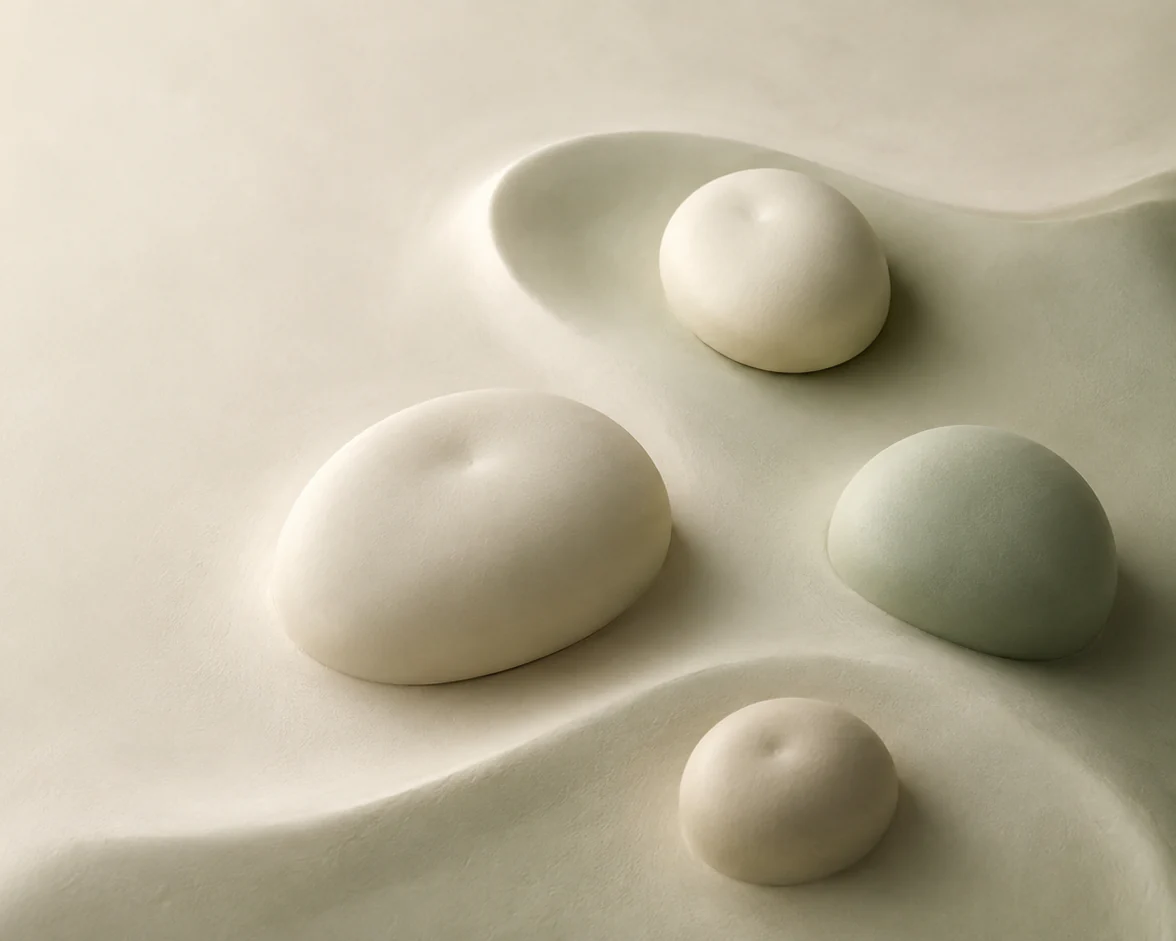 Abstract cream-colored forms with central dimples on a softly textured surface