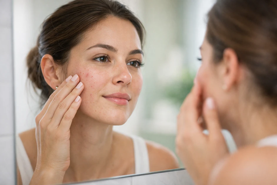 Woman checking a small blemish in the mirror in a bright bathroom with natural light.