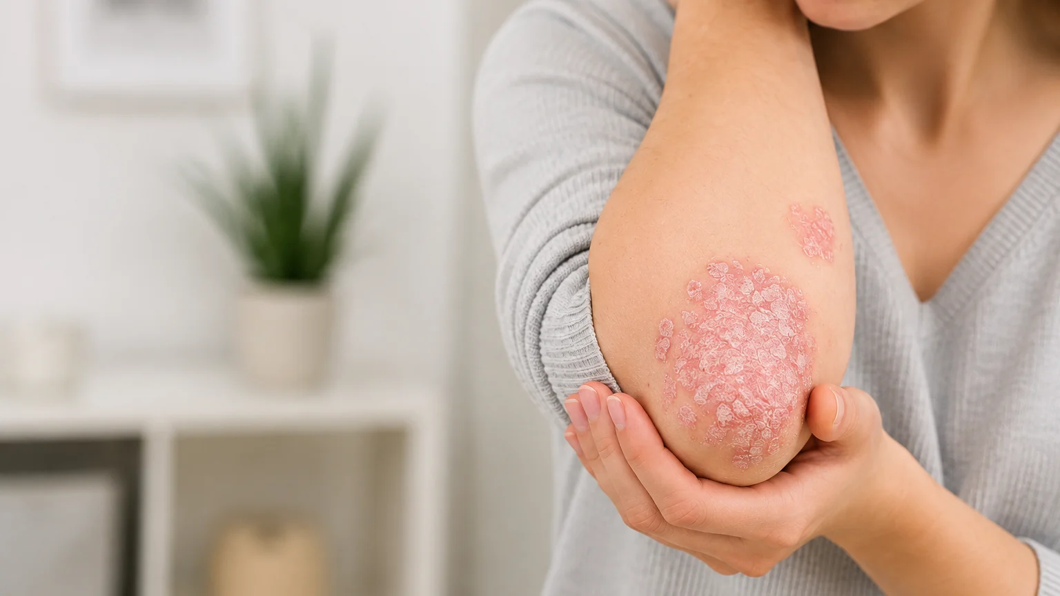 Patient with scaly psoriasis patches on the elbow seeking psoriasis treatment in Chaska MN