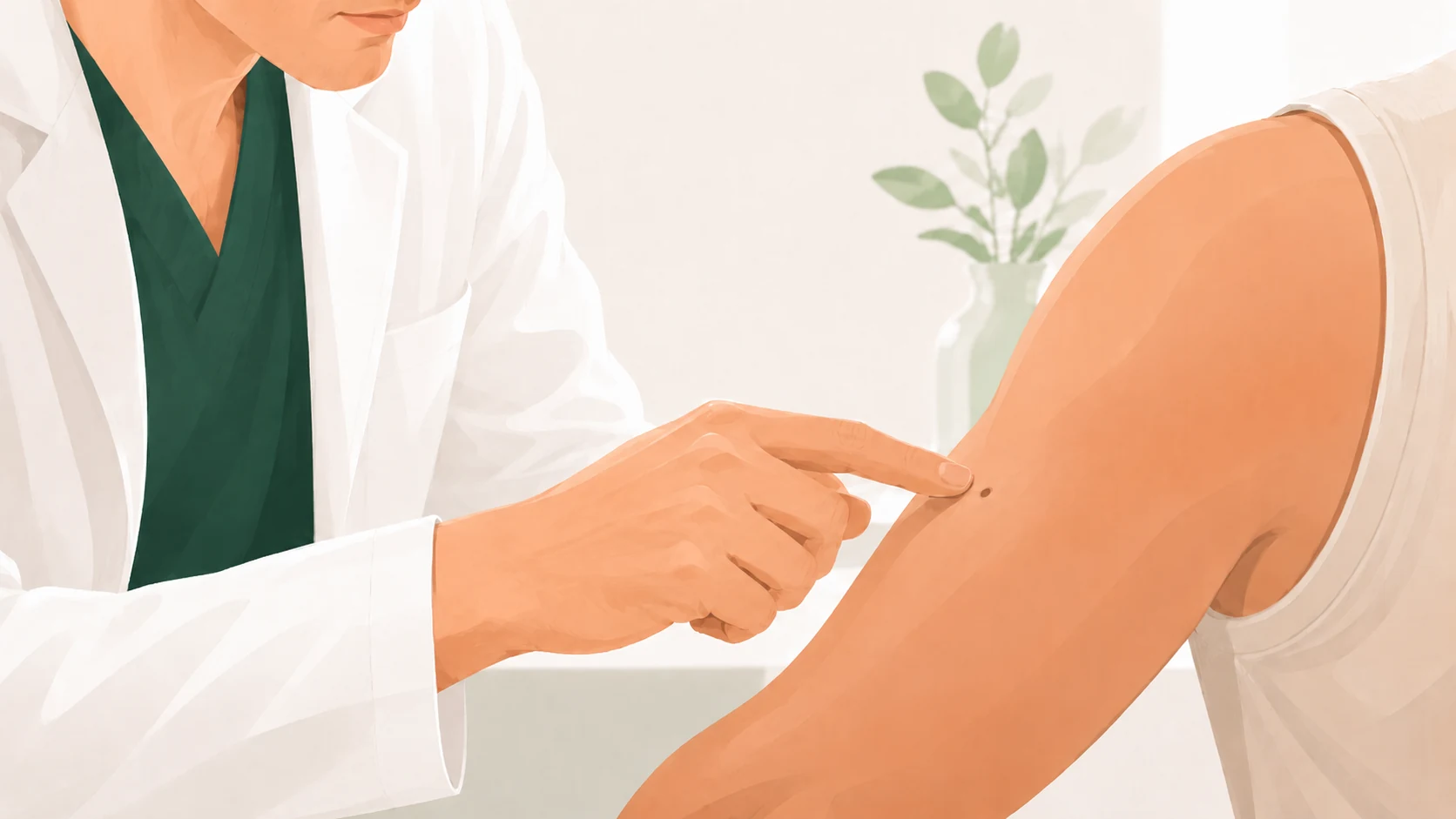 Dermatologist pointing to a small mole on a patient’s arm during a skin check.