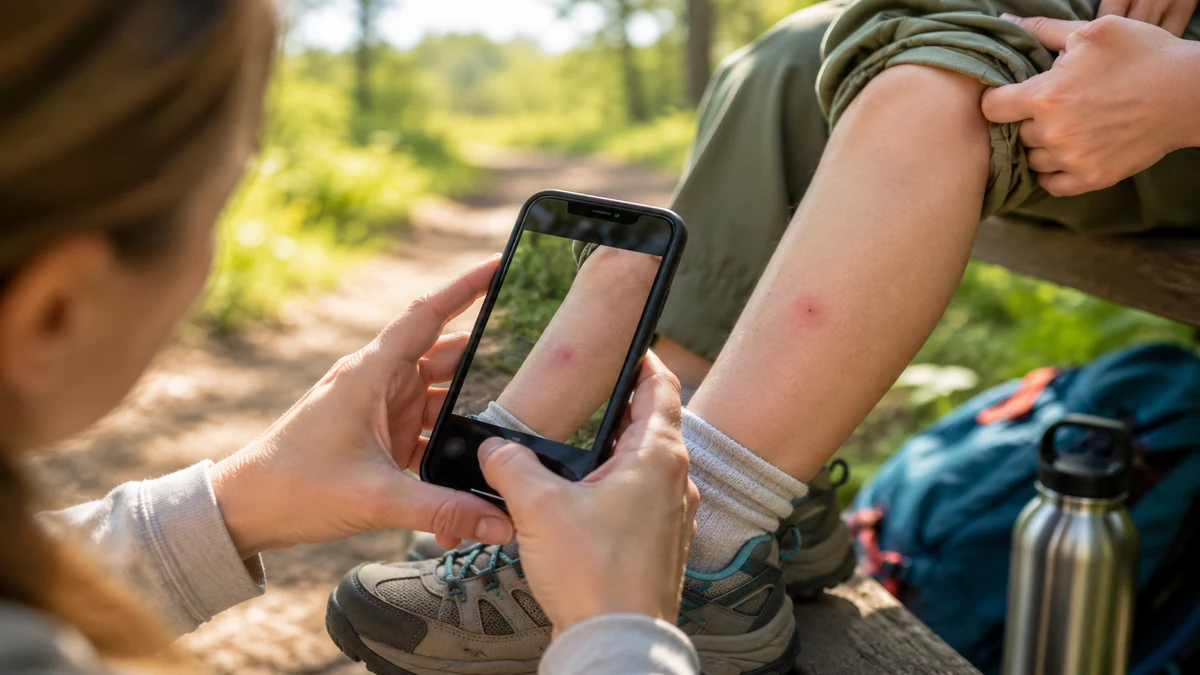 Parent photographing a small tick bite rash on a child’s leg after hiking in Minnesota.